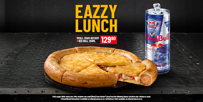 Eazzy Lunch combo: Small Cram-Decker pizza with a crammed crust, served alongside a cold can of Red Bull energy drink